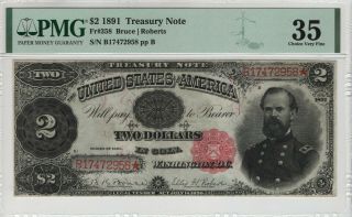 1891 $2 Treasury Note Fr.  358 Bruce/roberts Pmg Certified Choice Very Fine Vf 35