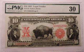 1901 $10 Legal Tender Note Bison Fr 119 Pmg 30 Very Fine