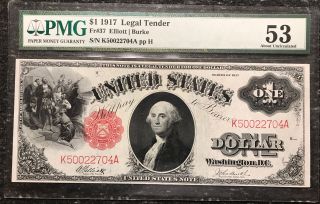 1917 $1 Legal Tender Note,  Fr 37,  Pmg Au53