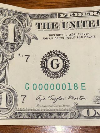 1977 $1 FRN Low 2 Digit Serial Number - G 0000018 E 3