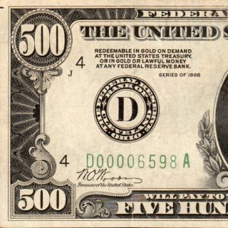 Scarce 4 Digit 1928 Cleveland $500 Five Hundred Dollar Bill 1000 Fr.  2200 D6598a