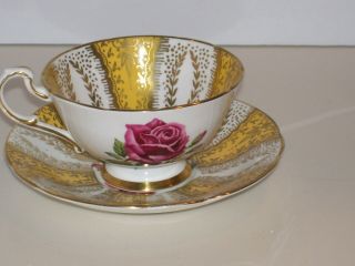 Paragon Teacup & Saucer Yellow,  Gold Filigree Throughout & Large Pink Roses Wow