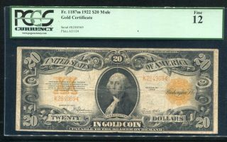 Fr.  1187m 1922 $20 Twenty Dollars Gold Certificate Currency Note Pcgs Fine - 12