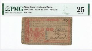 Jersey Colonial Note Fr Nj - 183 March 25,  1776 £6 Pmg 25