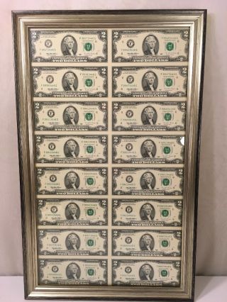 Professionally Framed Uncut Sheet $2 Dollar Bills (16) 1995 Uncirculated Euc 55g