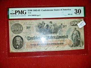 J Whatman 1862/3 $100 Confederate States Currency Hoer Note T41 Pf - 13 R9,  Pmg 30