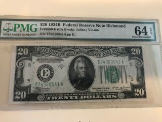 Fr 2056 - E 1934b Twenty Dollar Pmg Cu64 Epq Federal Reserve Note