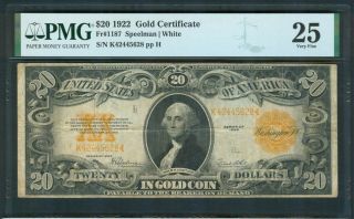 $20 Gold Certificate Series 1922,  Pmg Very Fine 25