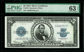 1923 Us $5 Silver Certificate Porthole Note Pmg Choice Unc 63 Epq Fr.  282