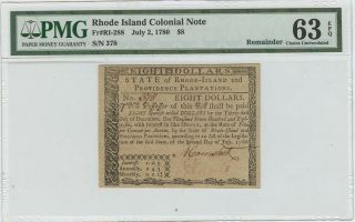1780 July 2 Rhode Island Colonial Fr Ri - 288 $8 Dollars Pmg 63 Ch Unc Epq
