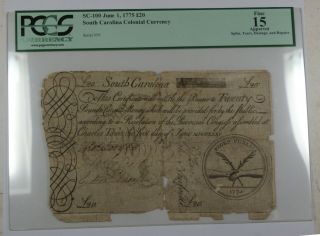 1775 20 Pounds South Carolina Colonial Currency Sc - 100 Pcgs F - 15 Apparent (b)
