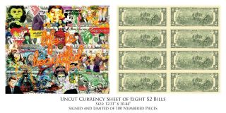 World Release Of Uncut Sheet 8 U.  S.  $2 Bills Pop Art Icons By Rency S/n Of 100