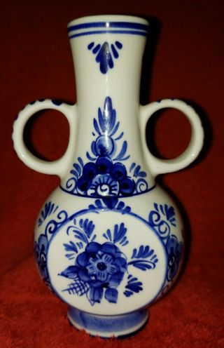 Delfts Blue Hand Painted White Vase W/handles 6 " Tall