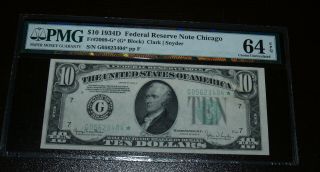 1934g " Star " $10 Federal Reserve Note - Chicago - Pmg 64epq