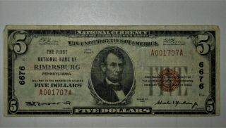 1929 - $5.  00 - National Currency,  The First National Bank Of Rimersburg,  Pa