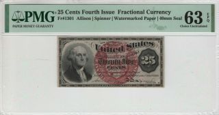 25 Cent Fourth Issue Postal Fractional Currency Note Fr.  1301 Pmg Ch Unc 63 Epq