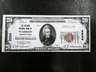 1929 $20 Citizens National Bank Of Warren Pa Pennsylvania Type 1 Banknote