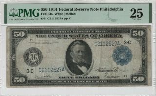1914 $50 Federal Reserve Note Currency Philadelphia Fr.  1035 Pmg Very Fine Vf 25