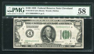 Fr.  2150 - D 1928 $100 Frn “numerical Gold On Demand” Cleveland,  Oh Pmg Au - 58