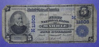1902 $5 Plain Back Note The First National Bank Of Marble Minnesota Vg Low Pop