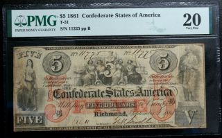 T 31 1861 Csa $5 1861 Pmg 20 Very Fine Cancelled Repaired Cancels Confederate