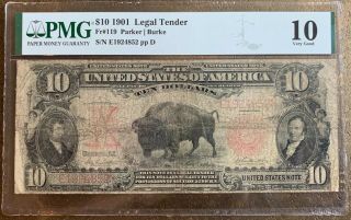 Fr.  119 1901 $10 " Bison " United States Note Pmg Vg10 Parker/burke