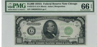 United States Federal Reserve Note Chicago $1000 1934a Pmg 66 Gem Unc Epq