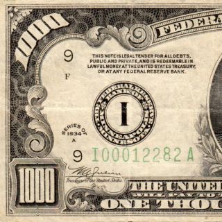 Scarce Minneapolis 1934a $1000 One Thousand Dollar Bill 500 Fr.  2212i I00012282a