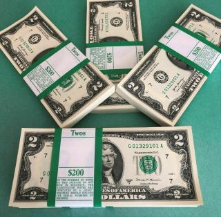 100 Uncirculated $2 Bills Chicago Series 2017 - A Real Money Two Dollar Notes