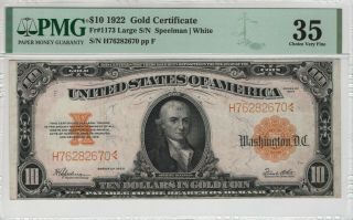 1922 $10 Gold Certificate Note Large S/n Fr.  1173 Pmg Choice Very Fine Vf 35 (670)
