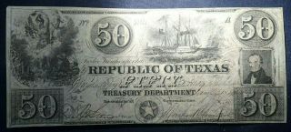 1840 $50 Republic Of Texas Note - Treasury Dept - Cancelled - Scarce Note