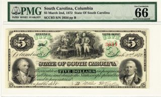 1872 $5 The State Of South Carolina,  Pmg 66 Gem Uncirculated Epq - Serial 3934