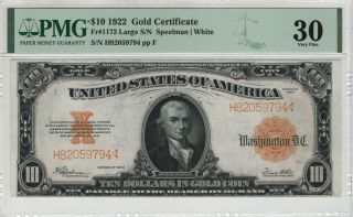 1922 $10 Gold Certificate Note Large S/n Fr.  1173 Pmg Very Fine Vf 30 (794)