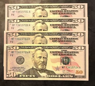 Collectible $200 (4) Uncirculated Fifty $50 Dollar Bills In Sequential Order