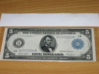 1914 $5 Five Dollar Federal Reserve Note Fr - 847a - Very 2