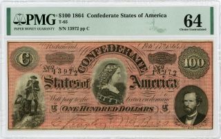 1864 T - 65 $100 The Confederate States Of America Note - Civil War Era Pmg 64