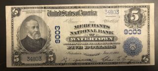 Merchants National Bank Watertown Wi 1902 $5 Plain Back Ch 9003 Fr 600