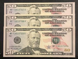 Collectible $150 (3) Uncirculated Fifty $50 Dollar Bills In Sequential Order