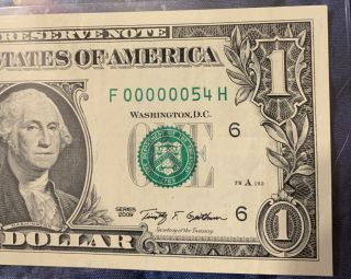 2009 $1 " Fancy " Serial Number Low 2 Digit F00000054h Old Us Paper Money Currency