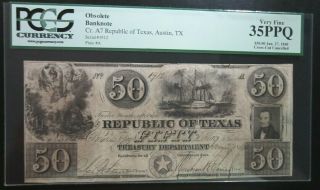 Republic Of Texas,  Austin 1840 $50 Banknote Cr.  A7 Pcgs Graded Very Fine 35ppq