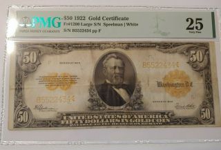 1922 $50 Gold Certificate Fr 1200 Large S/n Speelman Pmg 25 Very Fine