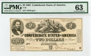 1862 T - 42 $2 The Confederate States Of America Note - Civil War Era Pmg Ch.  Cu 63