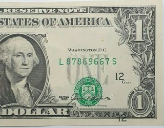 U.  S.  1985 $1 Federal Reserve Note Major 3rd Print Shift Error - AU 3
