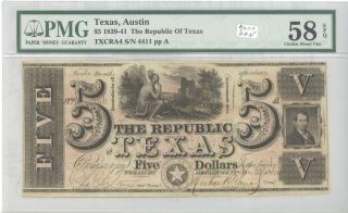 1839 $5 Republic Of Texas Rising Note Large Currency Old Paper Money Pmg 58 Epq