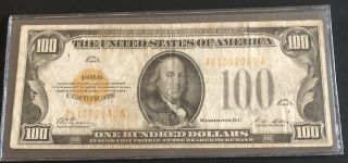 1928 - $100 Gold Certificate - Fr 2405 - In Vf - W/soil - Pin Hole,  & Annotation.
