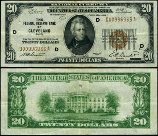 Fr.  1870 D $20 1929 Federal Reserve Bank Note Cleveland D - A Block Vf,  D00996966a