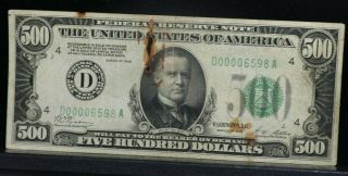 $500 Bill.  Five Hundred Dollar Federal Reserve Note Series 1928 A E Richmond Va