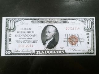 1929 Miners National Bank Of Shenandoa Pennsylvania $10 Note.