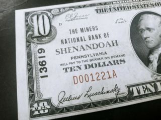 1929 Miners National Bank of shenandoa Pennsylvania $10 note. 2