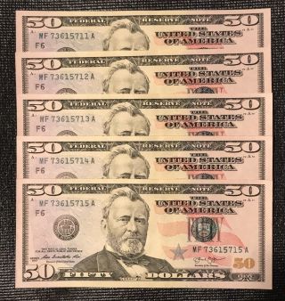 Collectible $250 (5) Uncirculated Fifty $50 Dollar Bills In Sequential Order